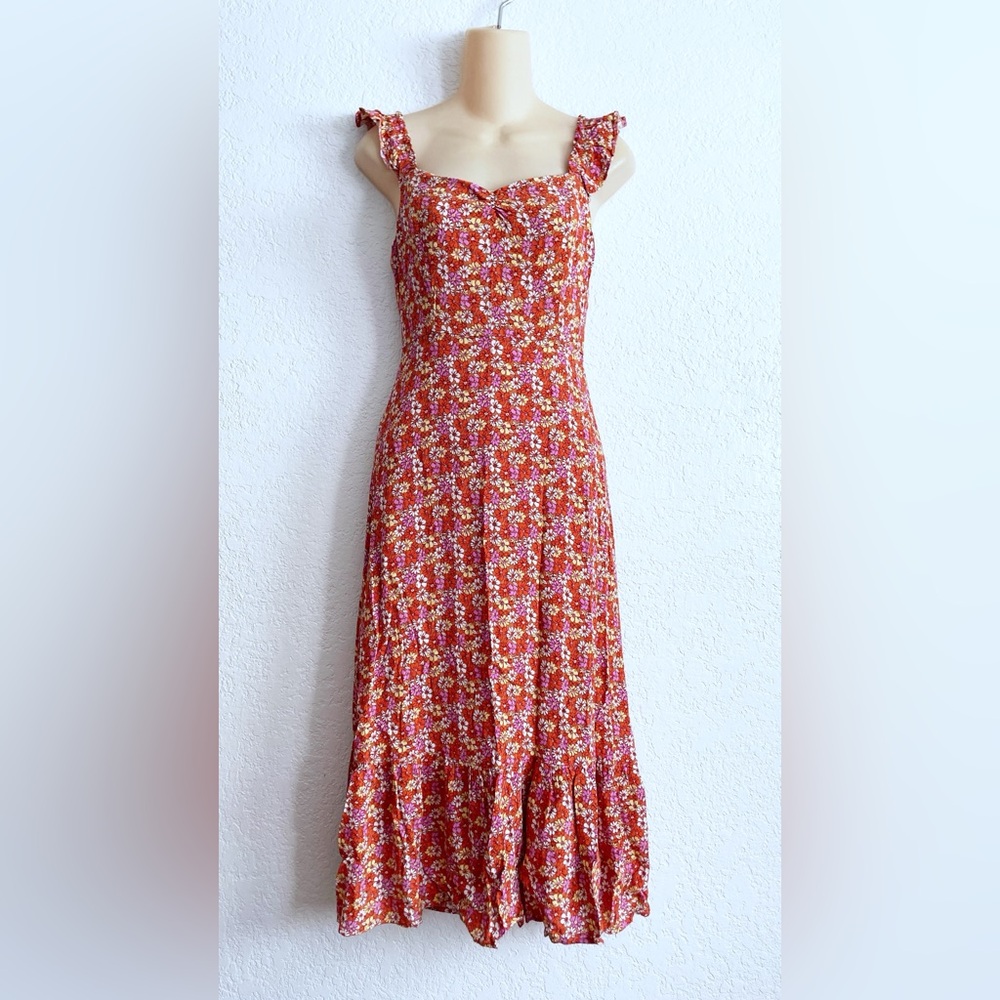 Lush Floral Maxi Dress SMALL Rust Pink Cream Short Sleeve